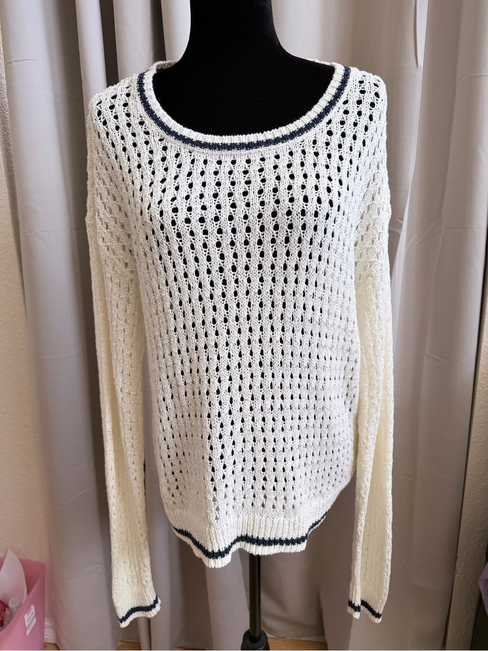 Aeropostale Cream Open-Knit Scoopneck Sweater with Navy Trim